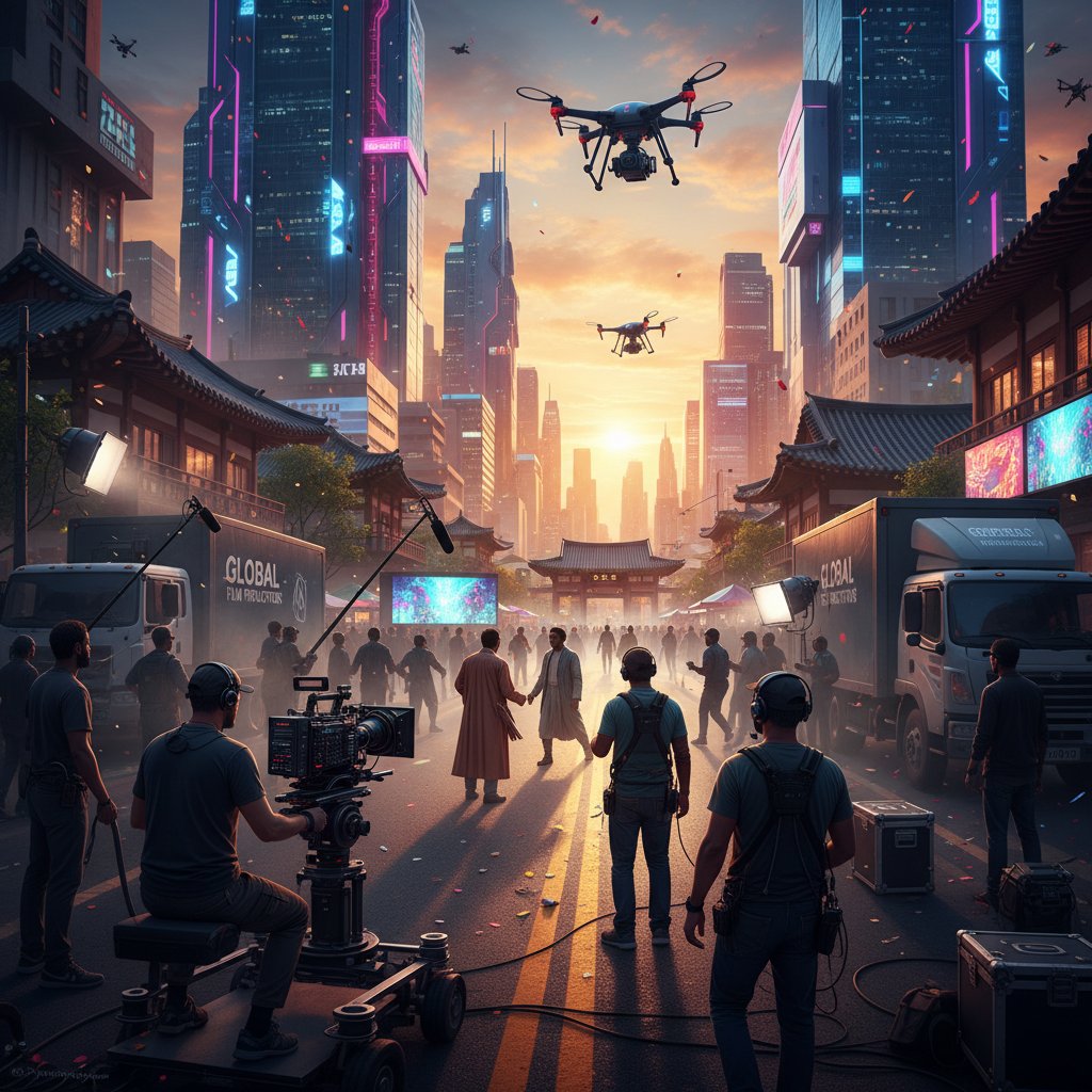 Global film crew working in a dynamic city environment, vibrant film set in Lagos or Seoul