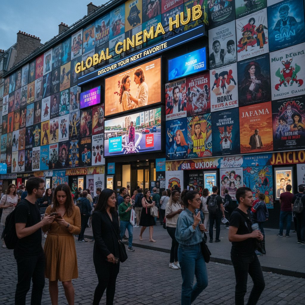 Vibrant collage of global film posters, international cinema, artistic, dynamic, cultural movie discovery