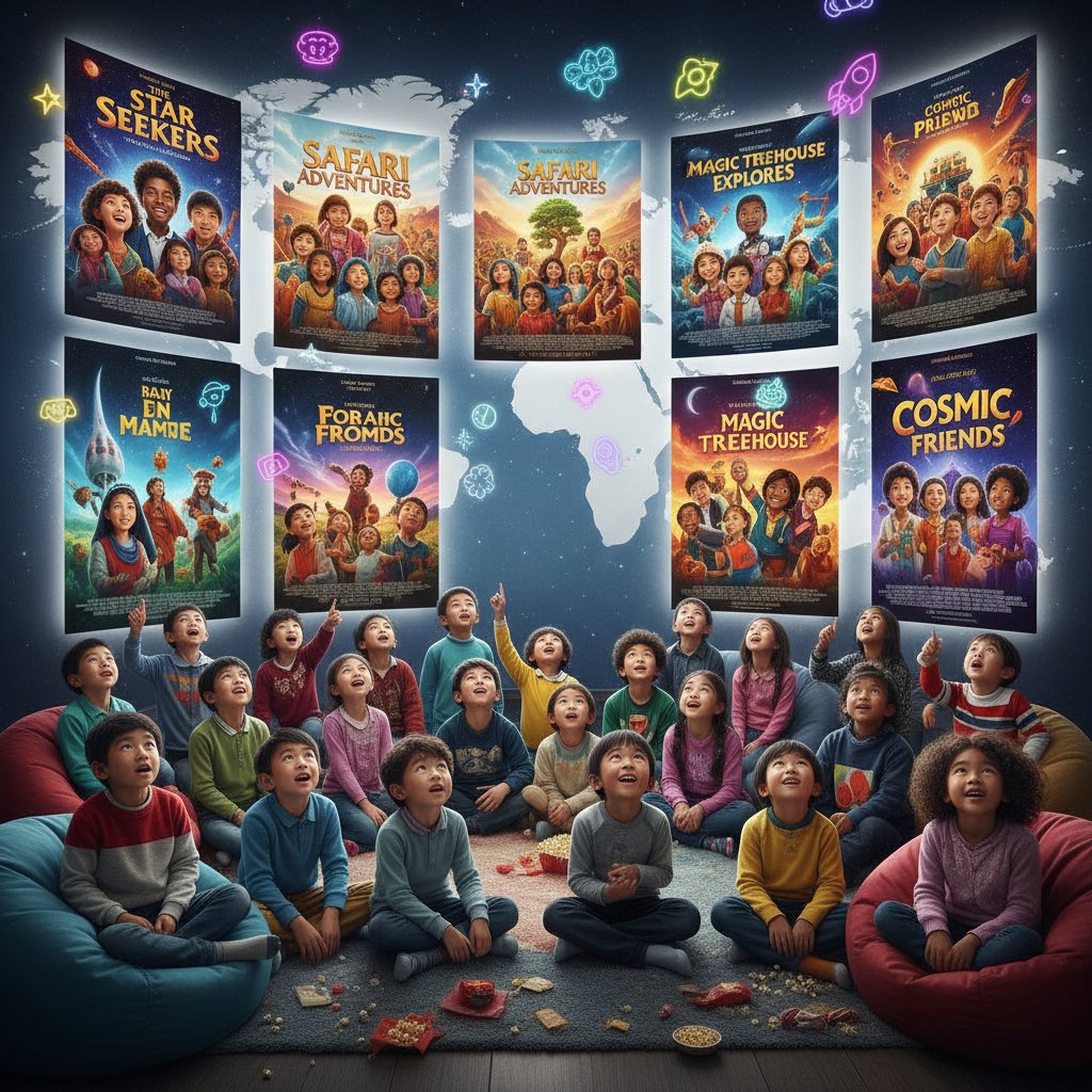 Collage of global kids movie posters, diverse children watching together