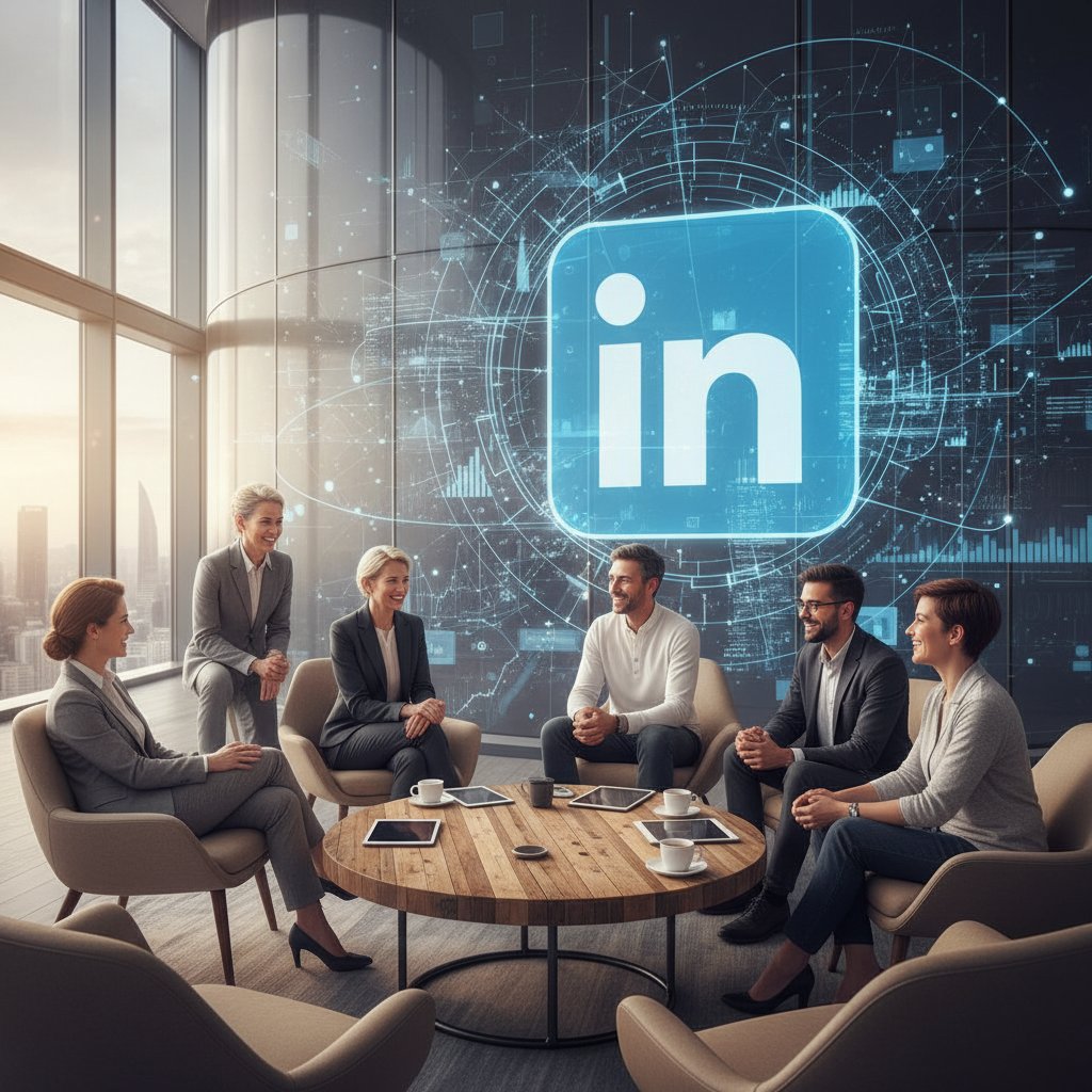 Globalni liderzy podczas nieformalnej dyskusji na tle logo LinkedIn, dynamiczne otoczenie
