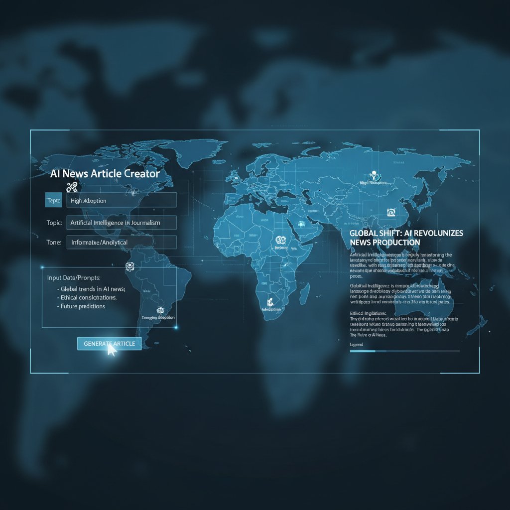 Global map showing AI news adoption rates, news article creator, adoption disparity