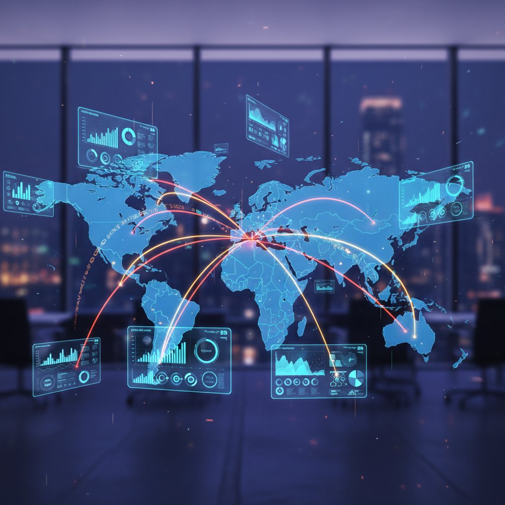 Global map showing project dashboards representing different cultures with connecting lines, vibrant and inclusive