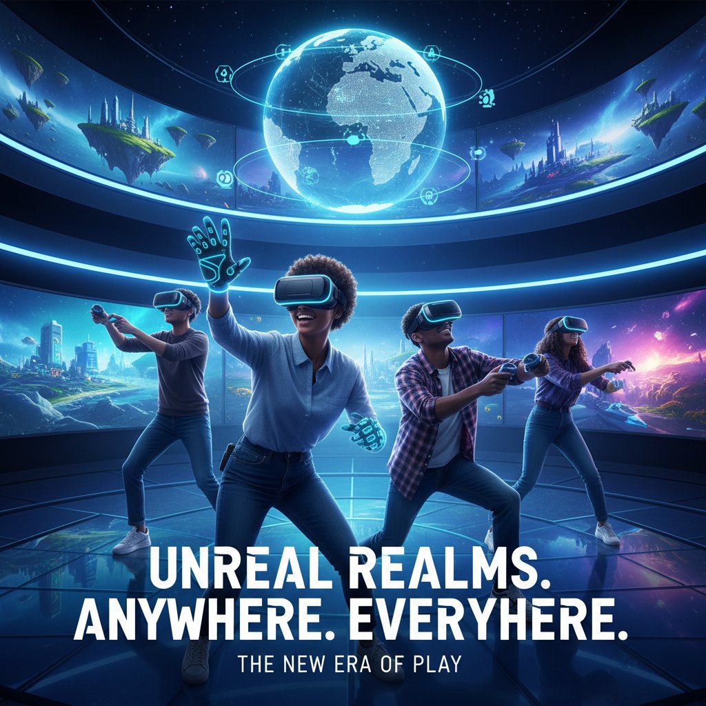 Multimedialna kampania gamingowa na globalnym rynku, młodzi ludzie z headsetami VR