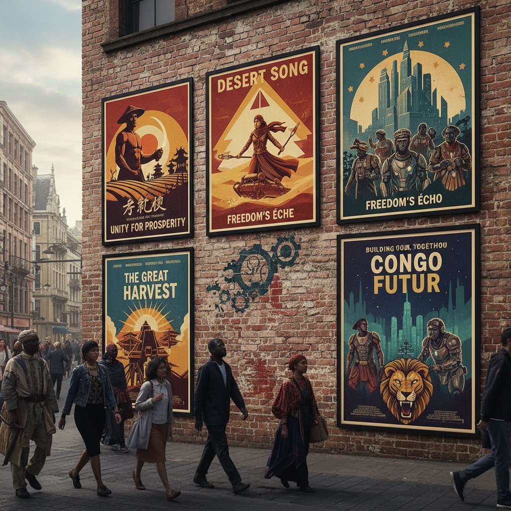 Collage of global movie posters with propaganda motifs and diverse cultures