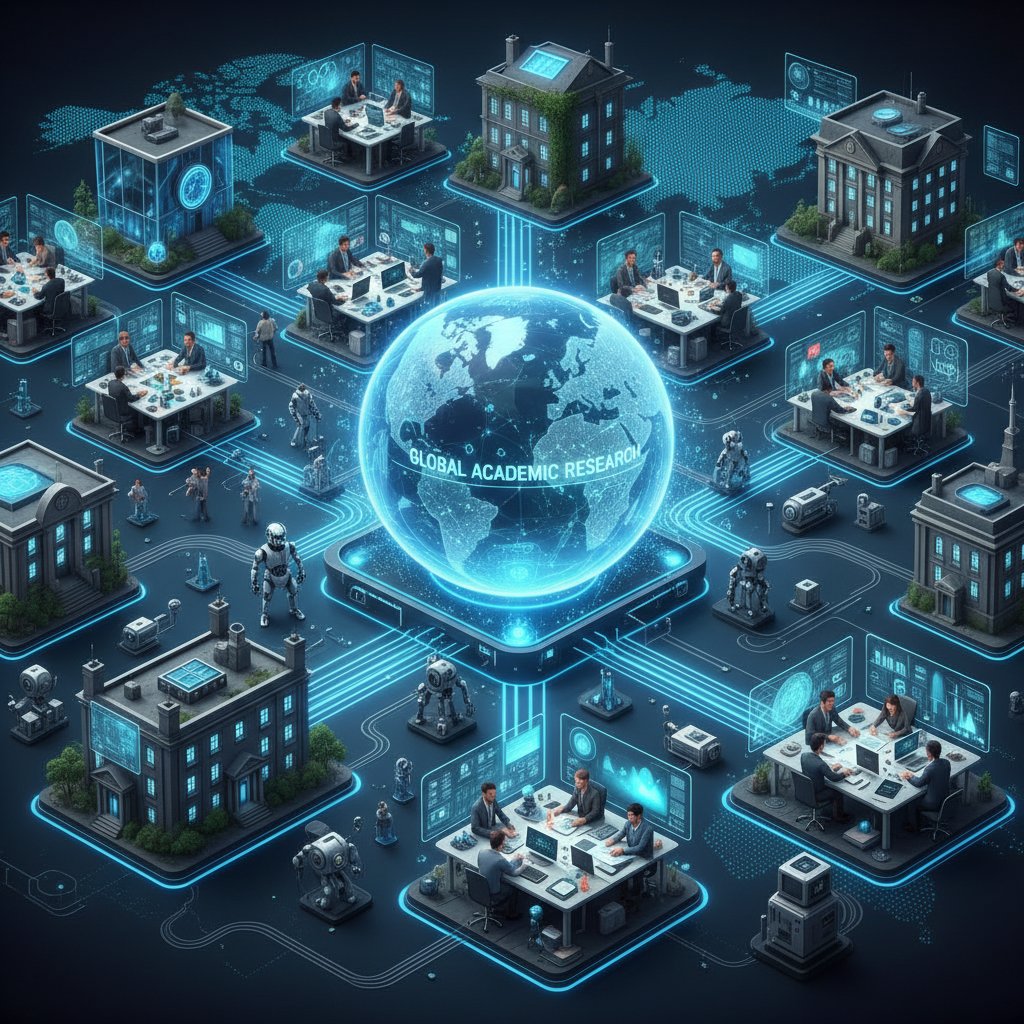 Futuristic photo of global networked labs interconnected by AI, representing the future of academic task coordination