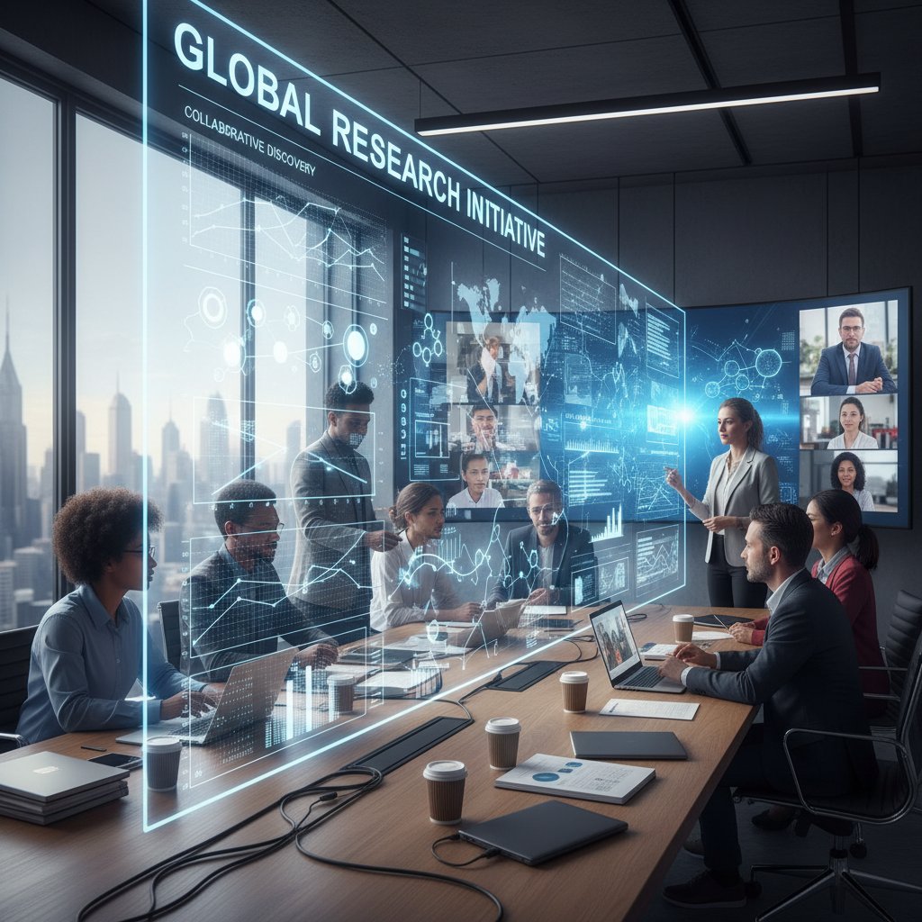 Global academic team collaborating online with a digital whiteboard, symbolizing productive cross-timezone research