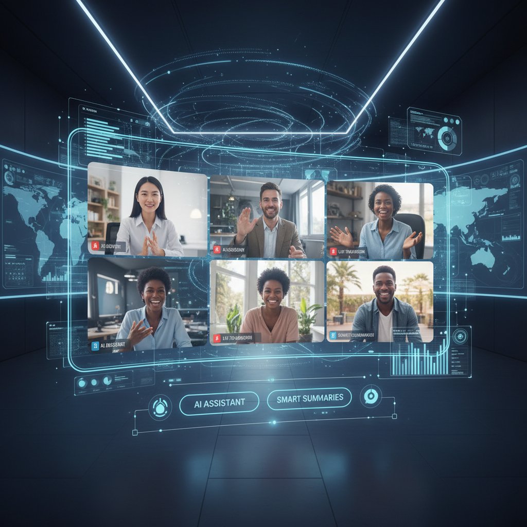 A composite image of remote employees collaborating on a global scale through AI meeting software.