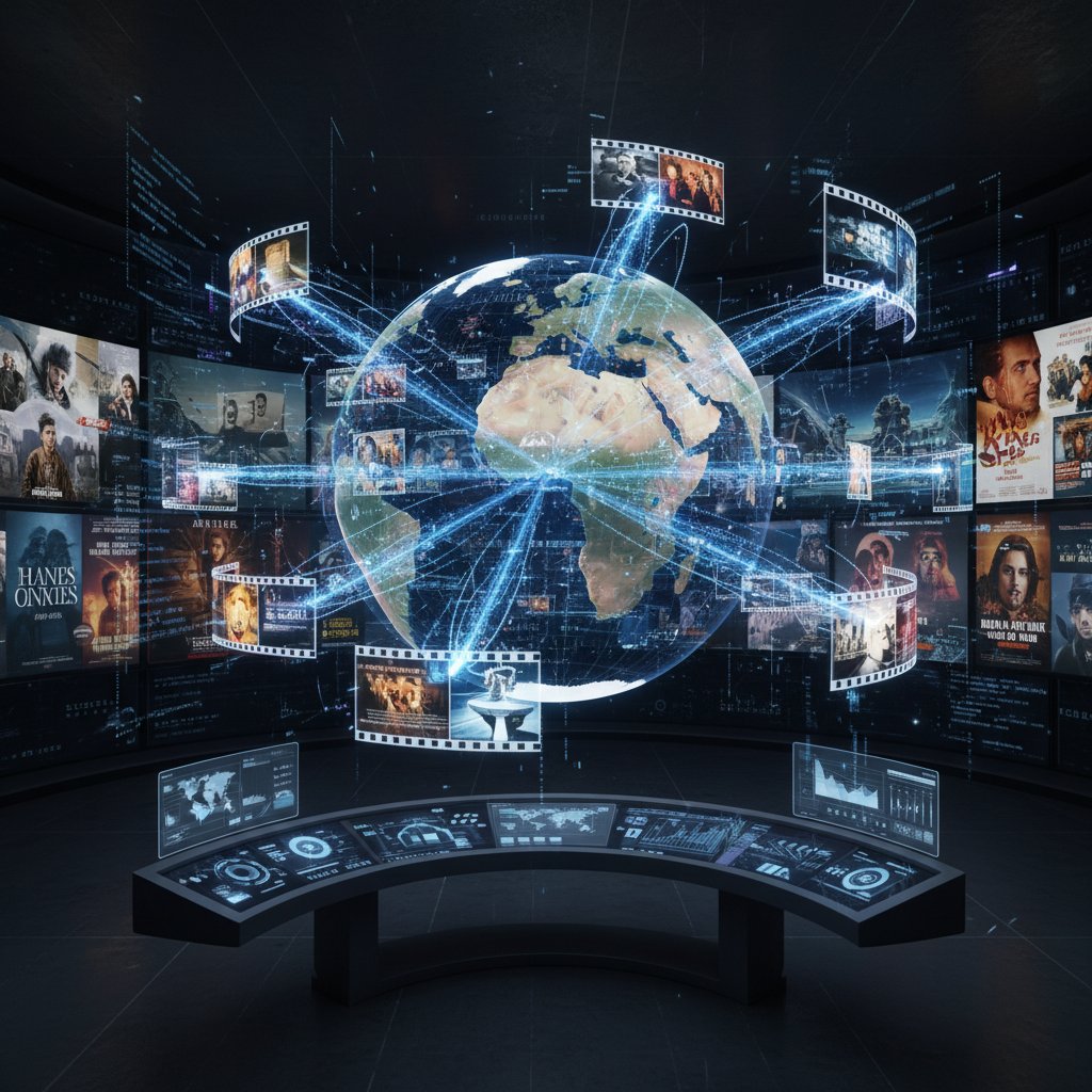 Global film discovery through futuristic technology, visually striking globe made of film reels and digital signals