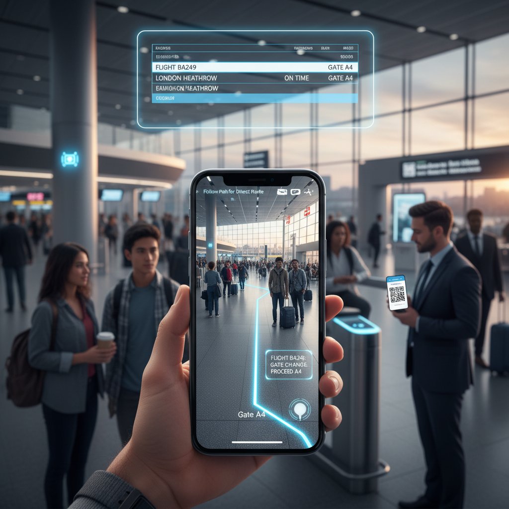 An infographic visually defining key mobile flight booking terms for travelers, represented as photos of travelers referencing booking terms at the airport
