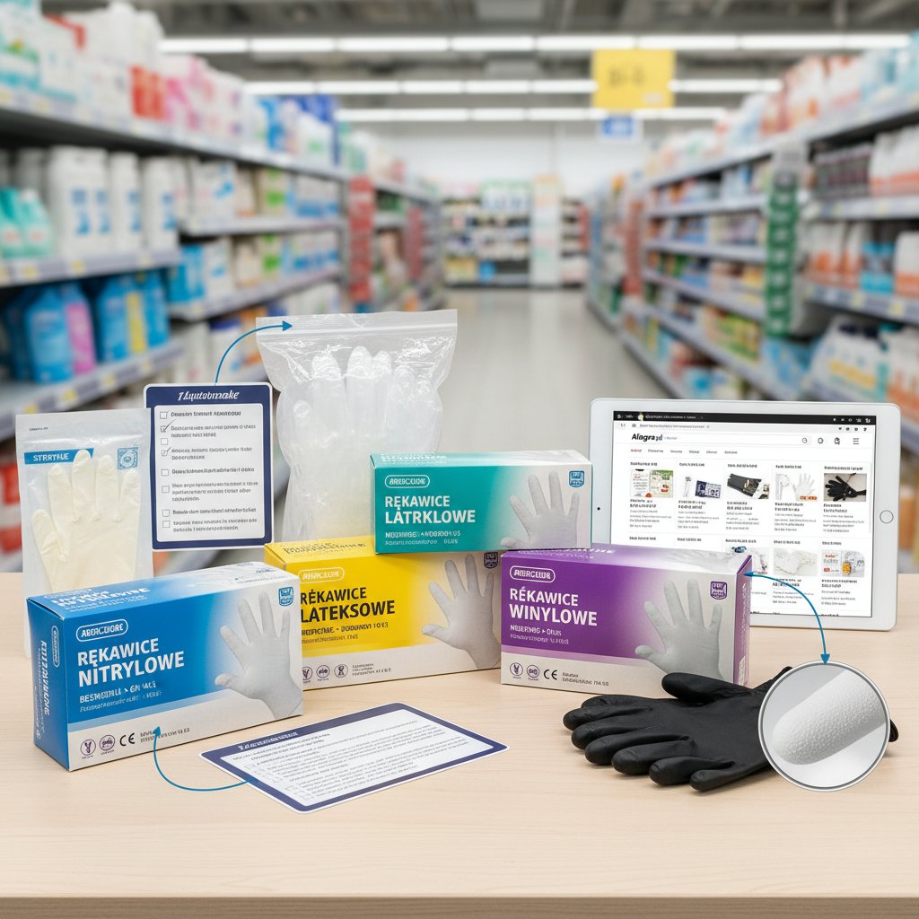 Porównanie różnych opakowań rękawiczek, checklist, zakupy, Polska
