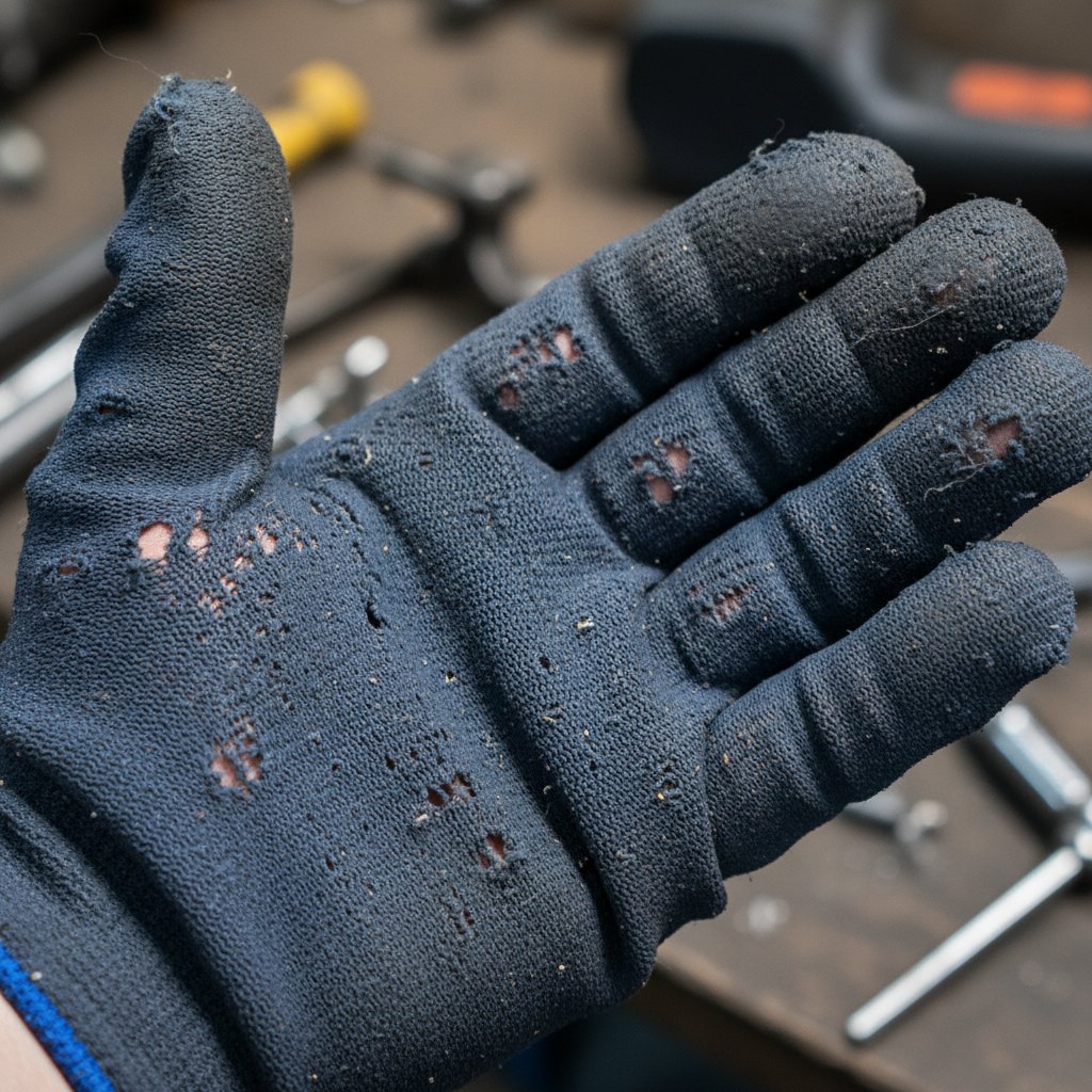 Zbliżenie na pęknięte rękawiczki jednorazowe, niewidoczne mikroprzerwy, dłoń w rękawiczce