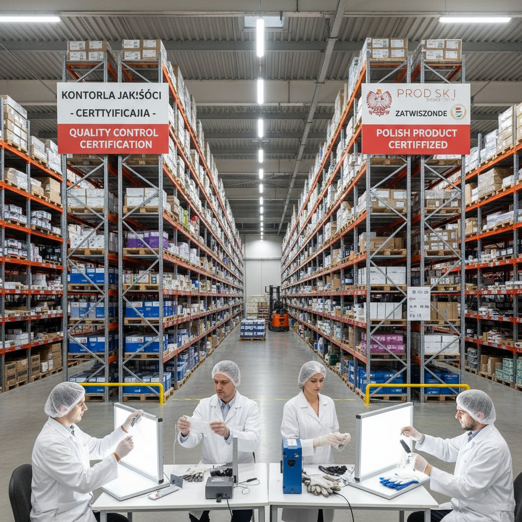 Magazyn pełen opakowań rękawiczek, kontrola jakości i certyfikaty, Polska