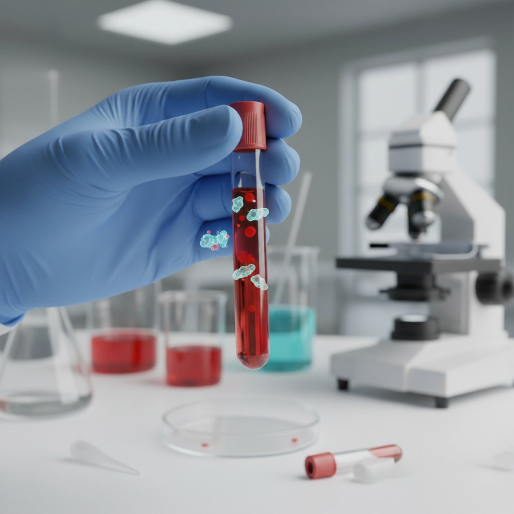 Zbliżenie na probówkę z krwią z napisem 'antibodies' w laboratorium – test na przeciwciała