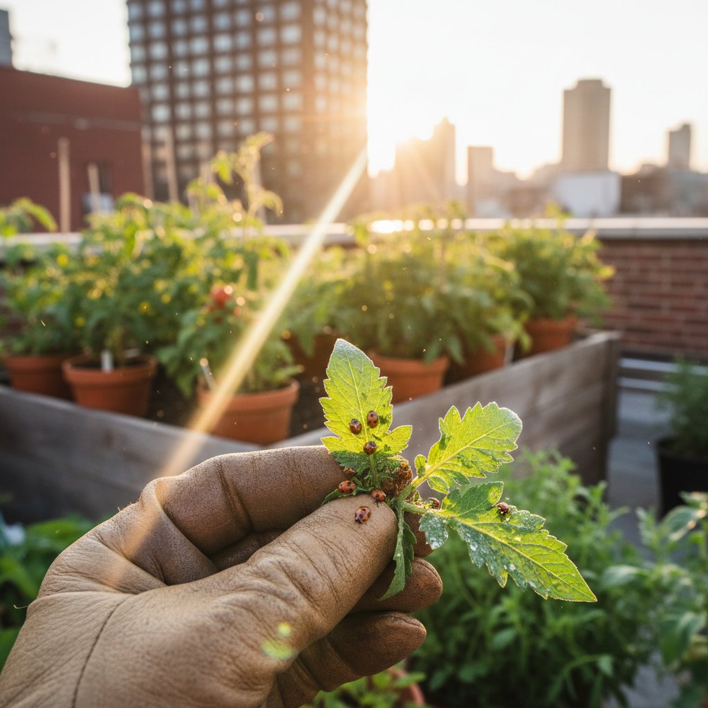 Ręka w rękawiczce wypuszczająca biedronki na liść z mszycami w miejskim ogrodzie, dramatyczne światło, surowy klimat