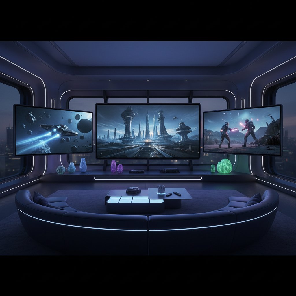 Photo of glowing TV screens displaying different movie scenes in a dark living room, futuristic, 16:9, to illustrate streaming-era portmanteau movies
