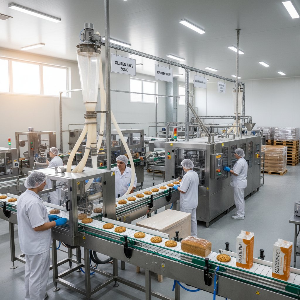 Ilustracja biznesowa: hala produkcyjna z linią produktów bezglutenowych