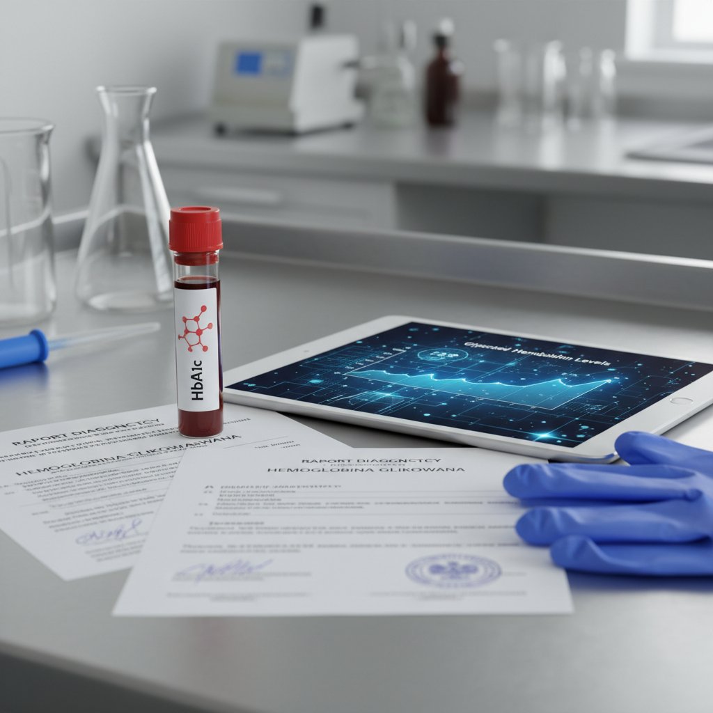 Detail hemoglobiny glikowanej na stole laboratoryjnym, fiolka krwi, cyfrowe dane