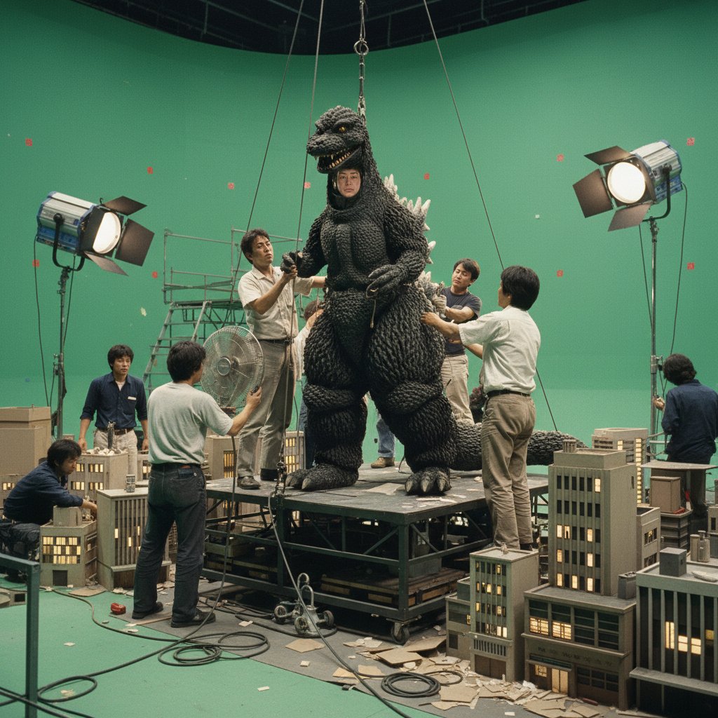 Actor preparing for a Godzilla suitmation scene, cluttered studio, 1960s