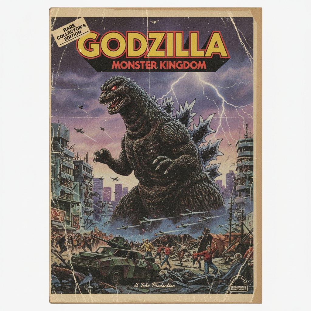 Rare Godzilla movie poster from the 1980s, faded VHS style, obscure kaiju title