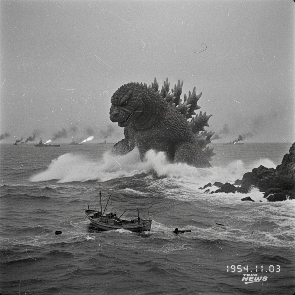 Godzilla's debut scene from 1954 movie, in tense black and white, nuclear allegory
