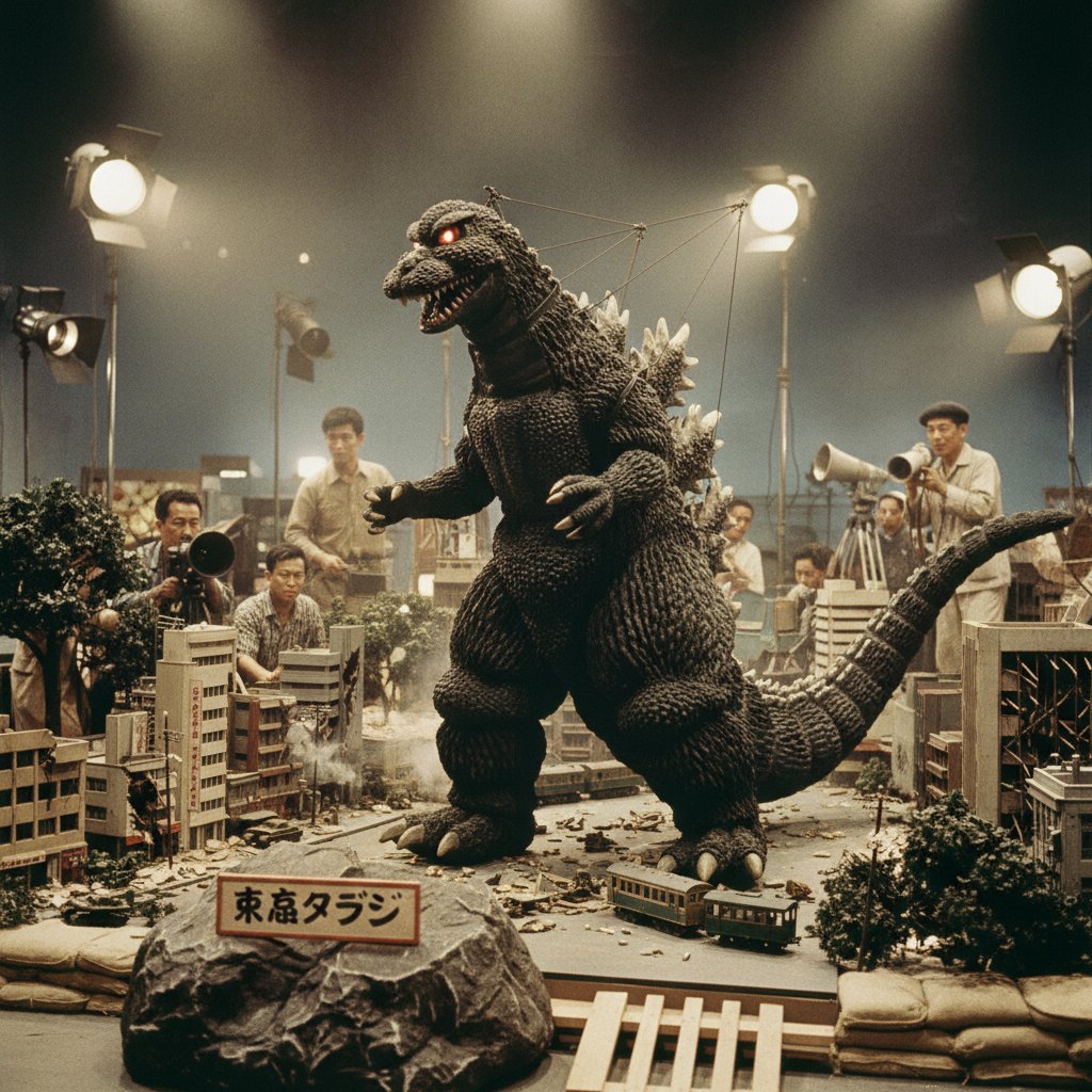 A massive Godzilla suit being assembled on set, symbolizing the cultural and technical scale of Japanese kaiju films