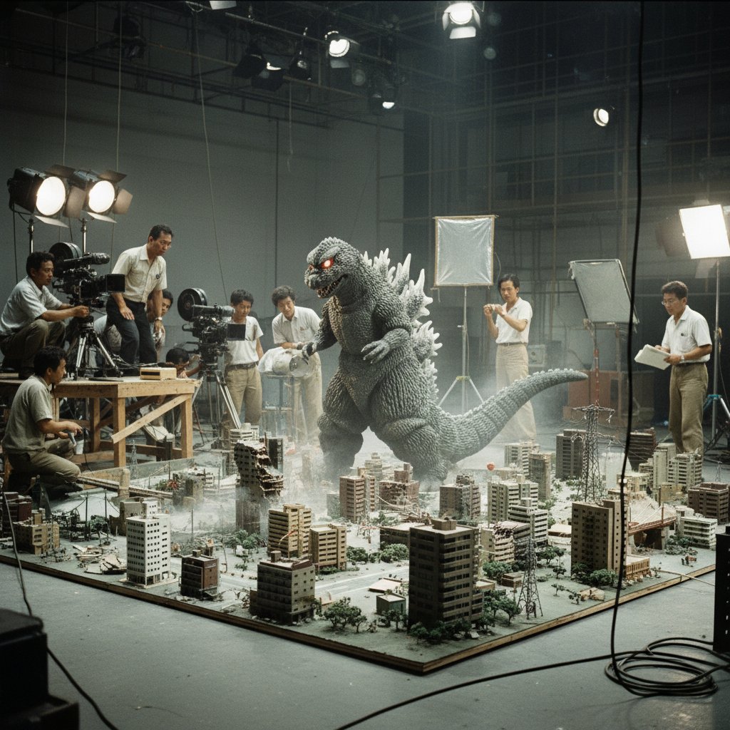 Behind-the-scenes photo: actor in Godzilla suit stomping on a miniature city set, crew members adjusting lighting and cameras