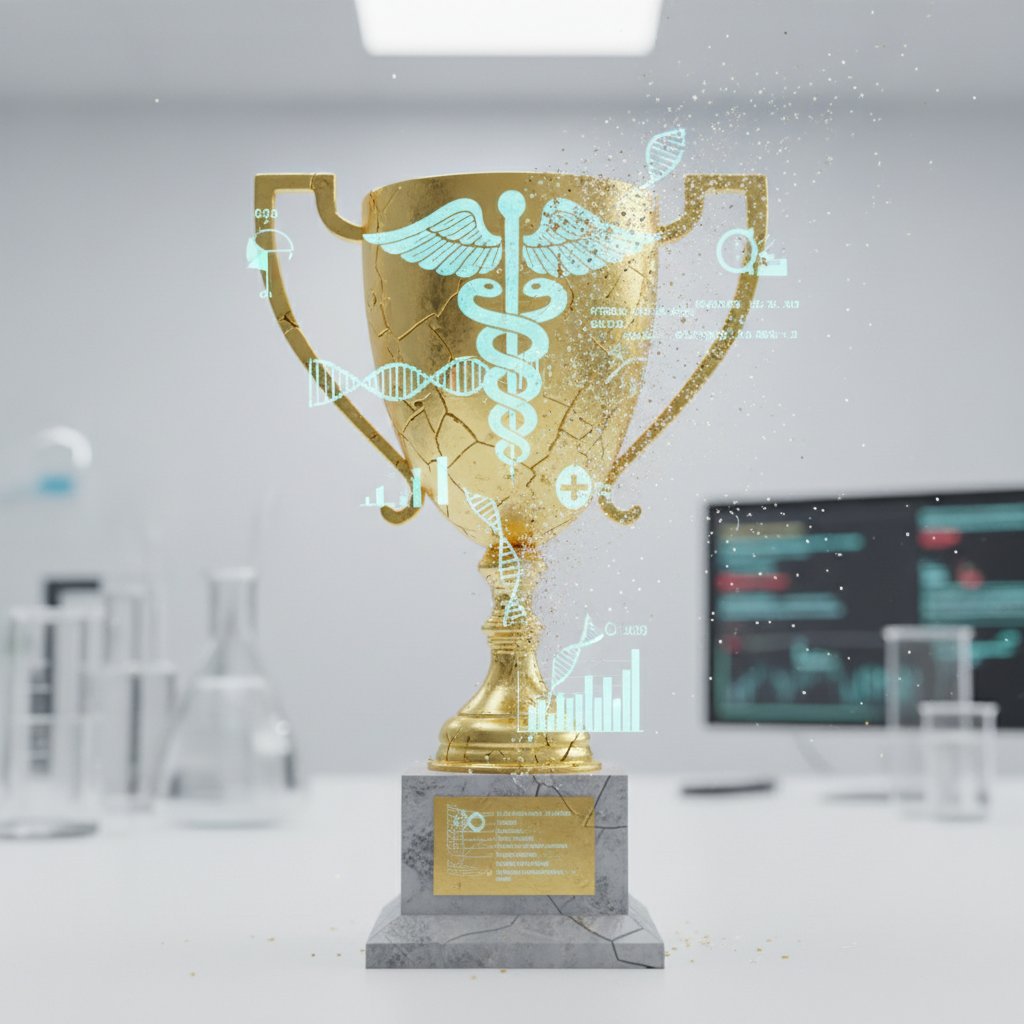 Gold trophy crumbling with clinical data symbols, symbolizing outdated gold standards in clinical data interpretation accuracy