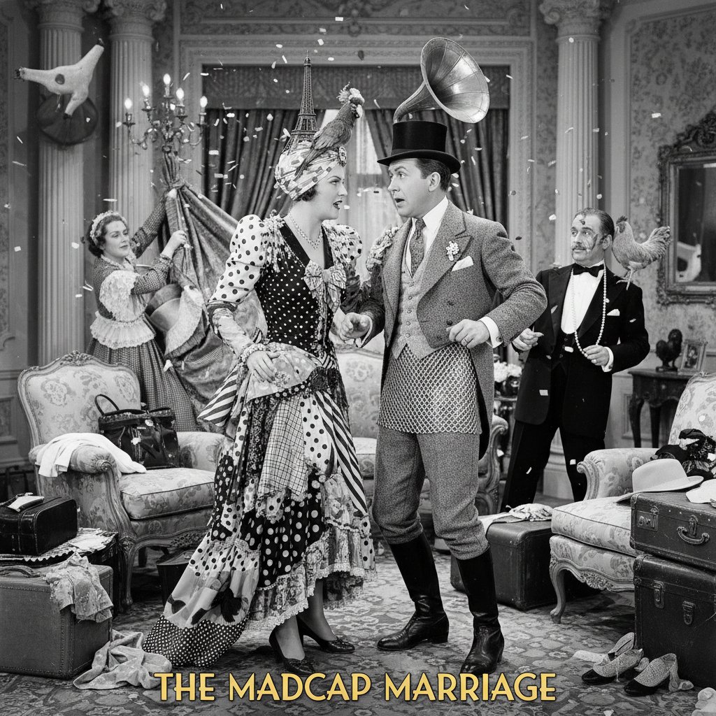 Golden age screwball comedy set, 1930s film set, actors in outlandish costumes, playful chaos, vibrant lighting representing screwball comedy movies