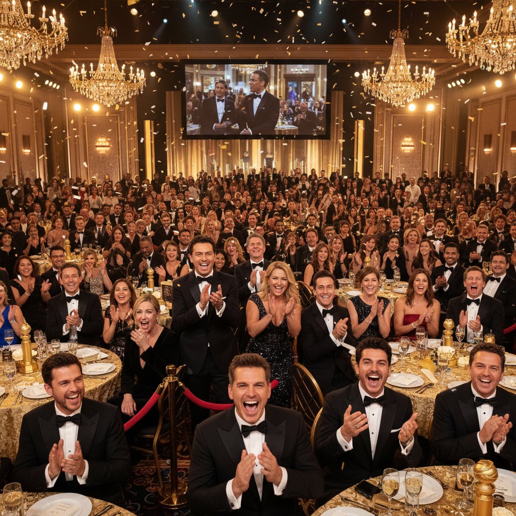 Photo of a crowded awards show audience, with diverse reactions to announced Golden Globe winners
