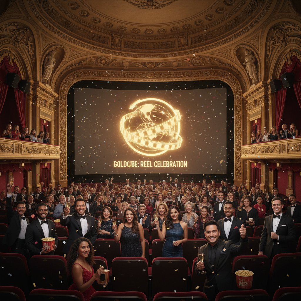 Photo of a movie theater filled with a diverse audience watching Golden Globe-nominated films on a big screen