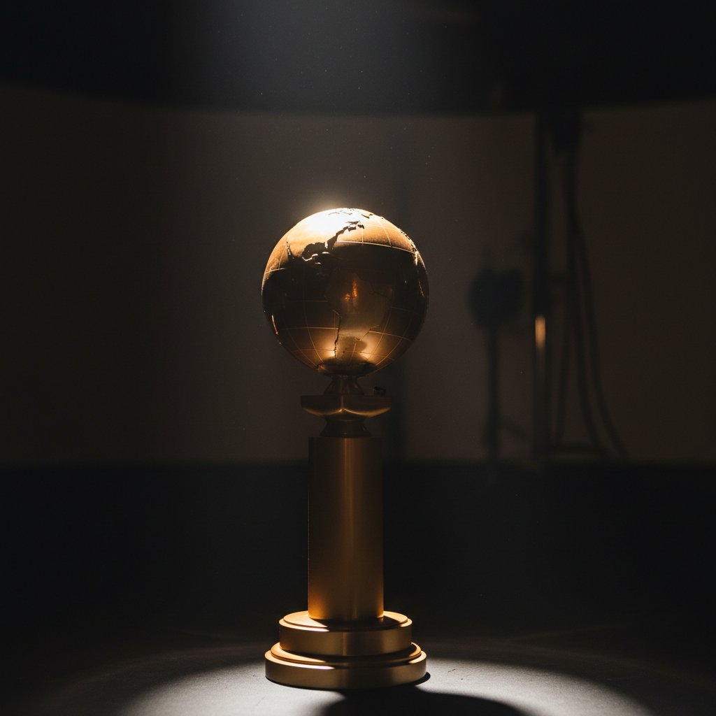Editorial photo showing a Golden Globe trophy under dramatic lighting, highlighting the cultural significance of Golden Globe movies