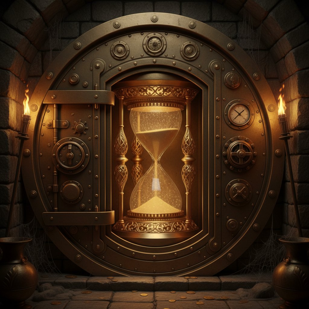 Symbolic photo of a golden hourglass locked in a vault, representing time as a prized commodity and barrier in research acceleration
