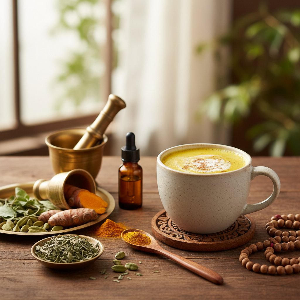 Zbliżenie na złote mleko i kurkumę obok ajurwedyjskich akcesoriów