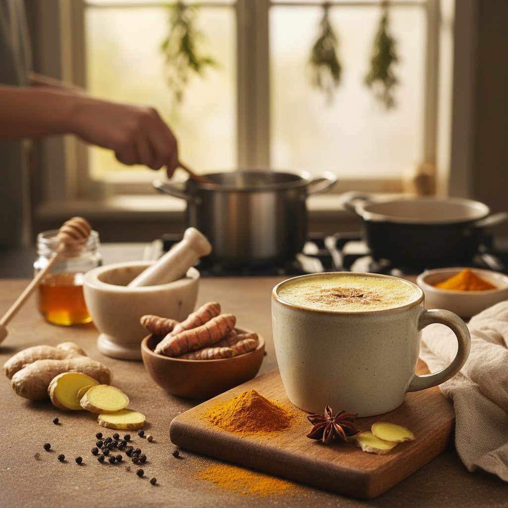 Przygotowanie złotego mleka i dania z kurkumą w domowej kuchni