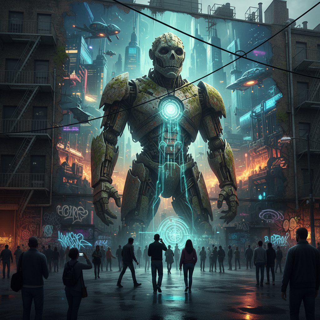 Zdjęcie współczesnej rzeźby Golema na tle muralu z motywami AI