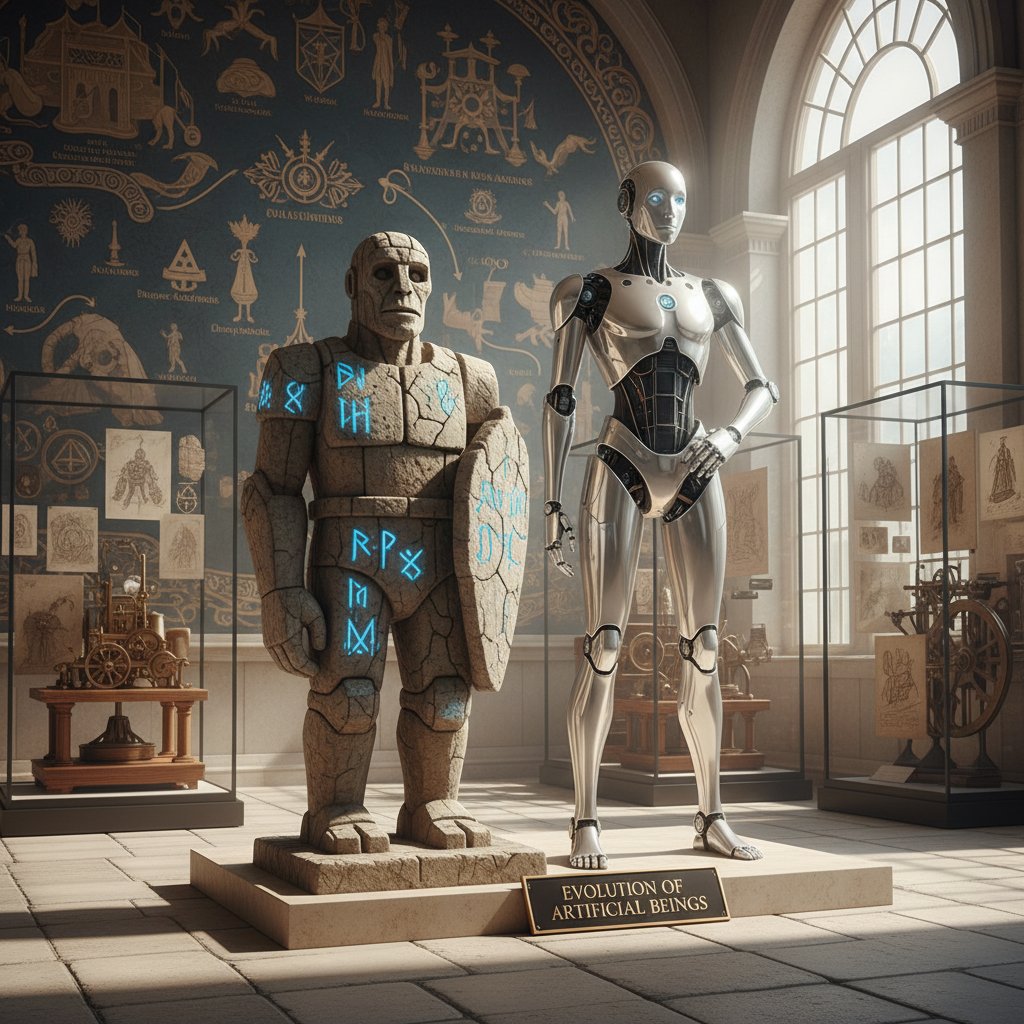 Starożytna figura Golema stojąca obok nowoczesnego humanoidalnego robota