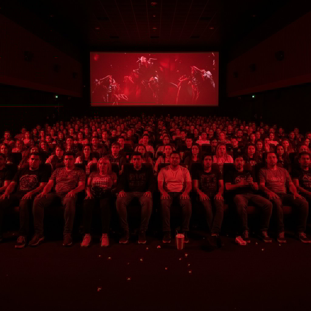 Cinematic close-up of a transfixed movie audience, faces bathed in an eerie red glow, with intense expressions—gore movies psychology