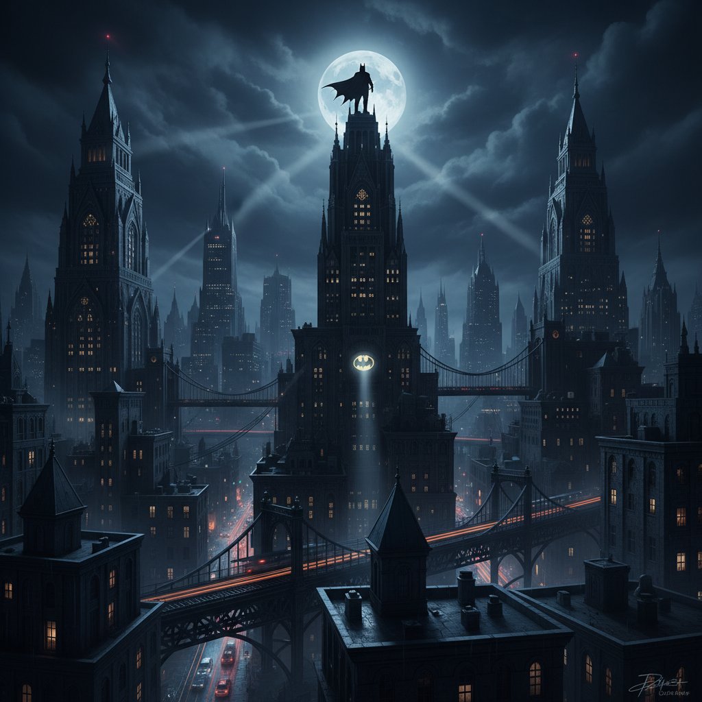 Gotham skyline storm with Batman silhouette