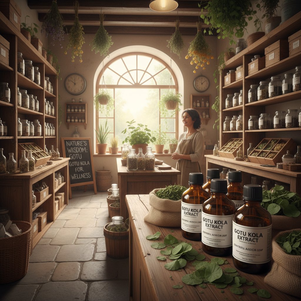 Porównanie dwóch opakowań suplementów gotu kola na tle sklepu zielarskiego