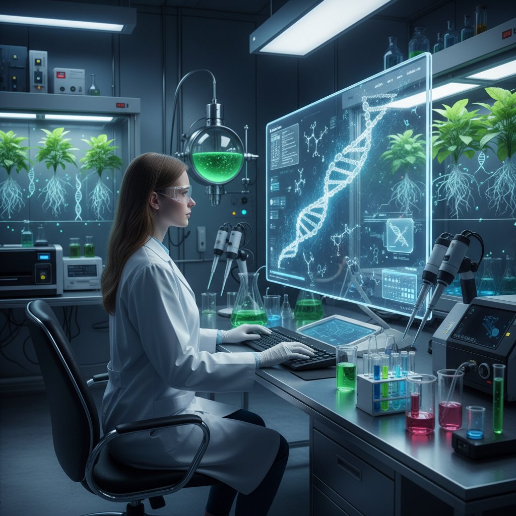 Młody polski absolwent w laboratorium biotechnologicznym, komputer, nowoczesny sprzęt, rośliny i DNA