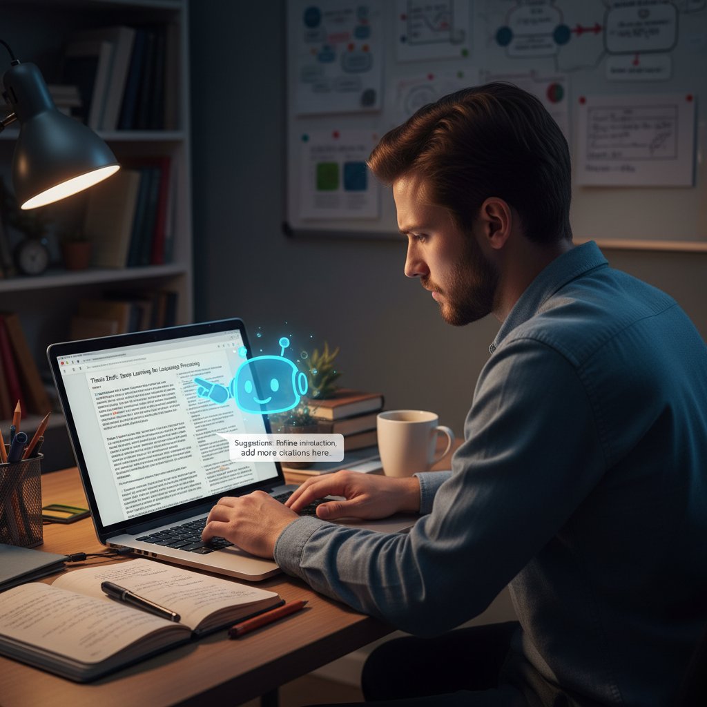 Graduate student revising thesis draft generated by AI assistant on a laptop, illustrating real-world academic workflow automation