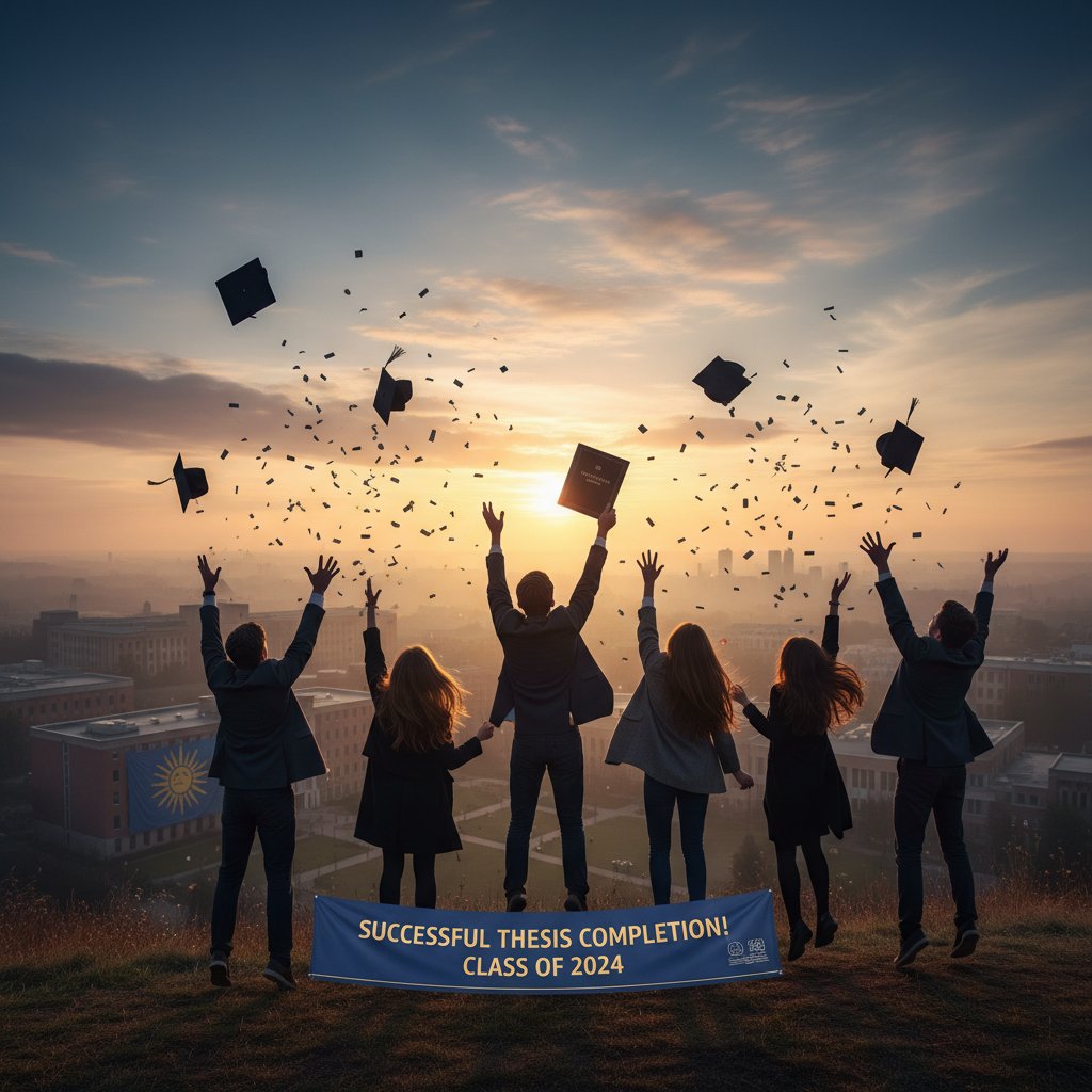 Triumphant student standing at dawn, holding finished thesis like a trophy, celebrating end of thesis journey
