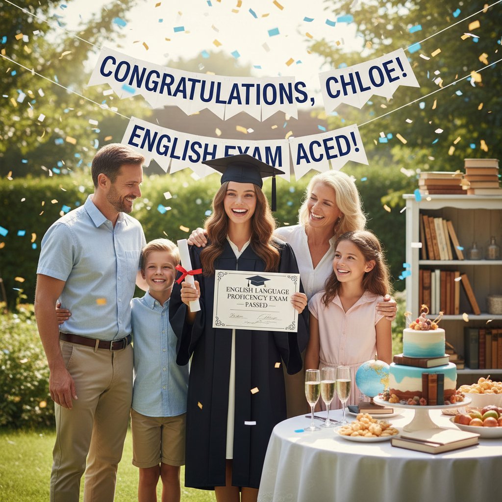 Uroczysta chwila po maturze z angielskiego, uśmiechnięci uczniowie i rodzina z gratulacjami