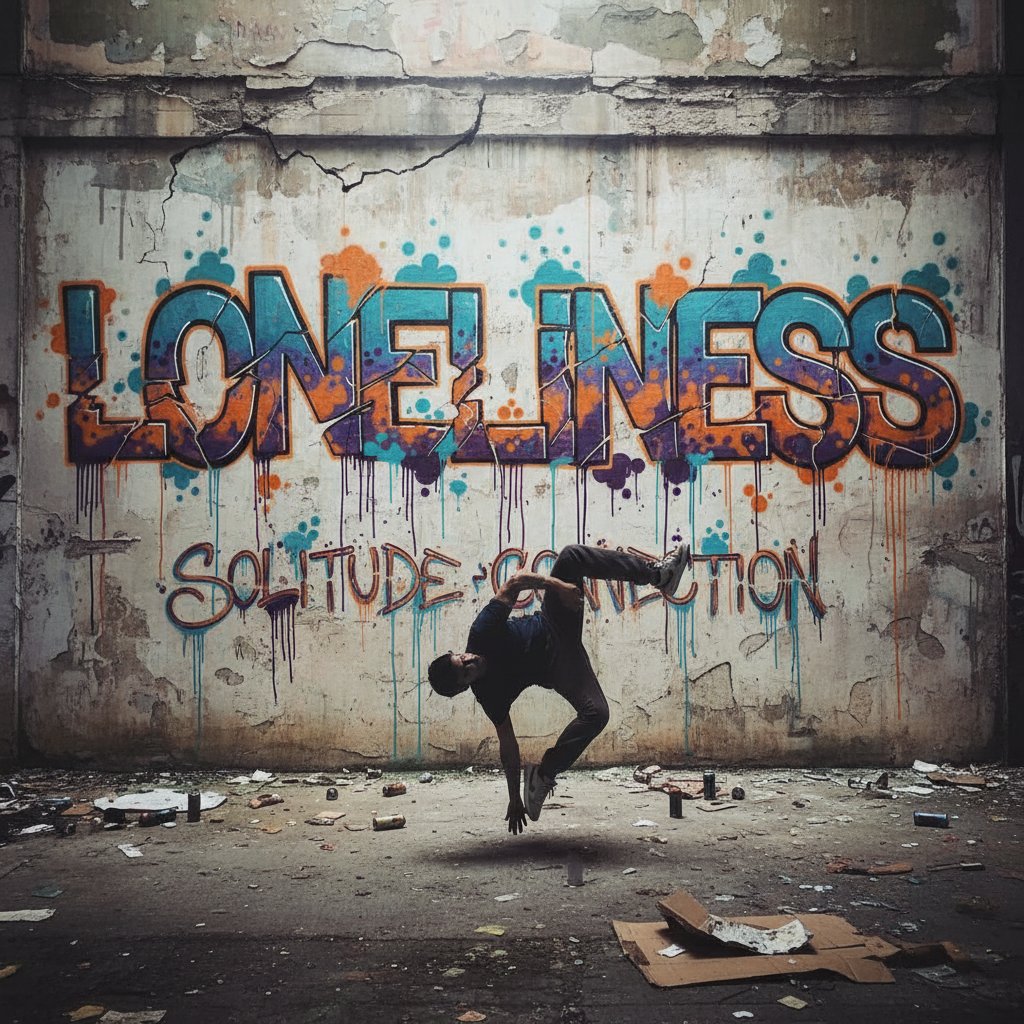 Mural przełamujący słowo 'samotność', symbolizujący zmianę społecznej narracji