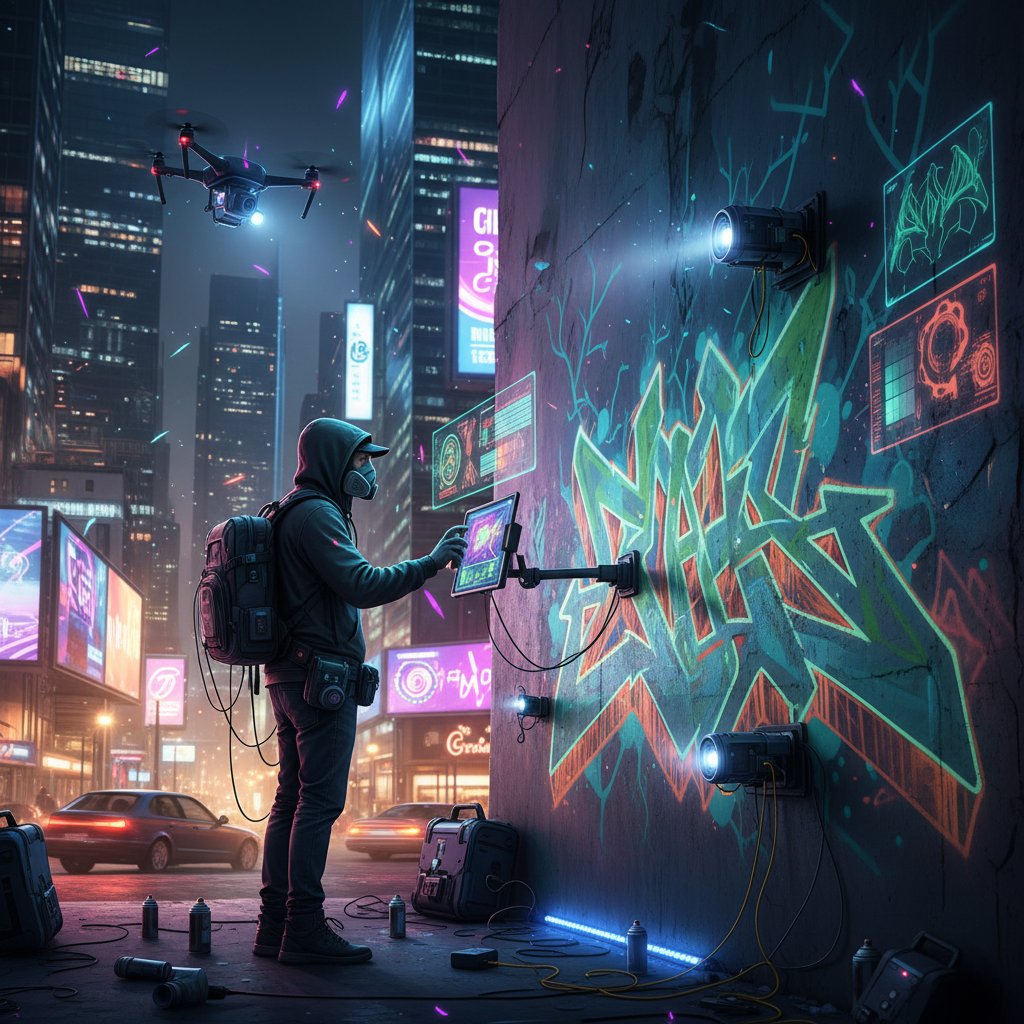 Artysta graffiti malujący mur w nocy, wokół nowoczesne gadżety i światła miasta