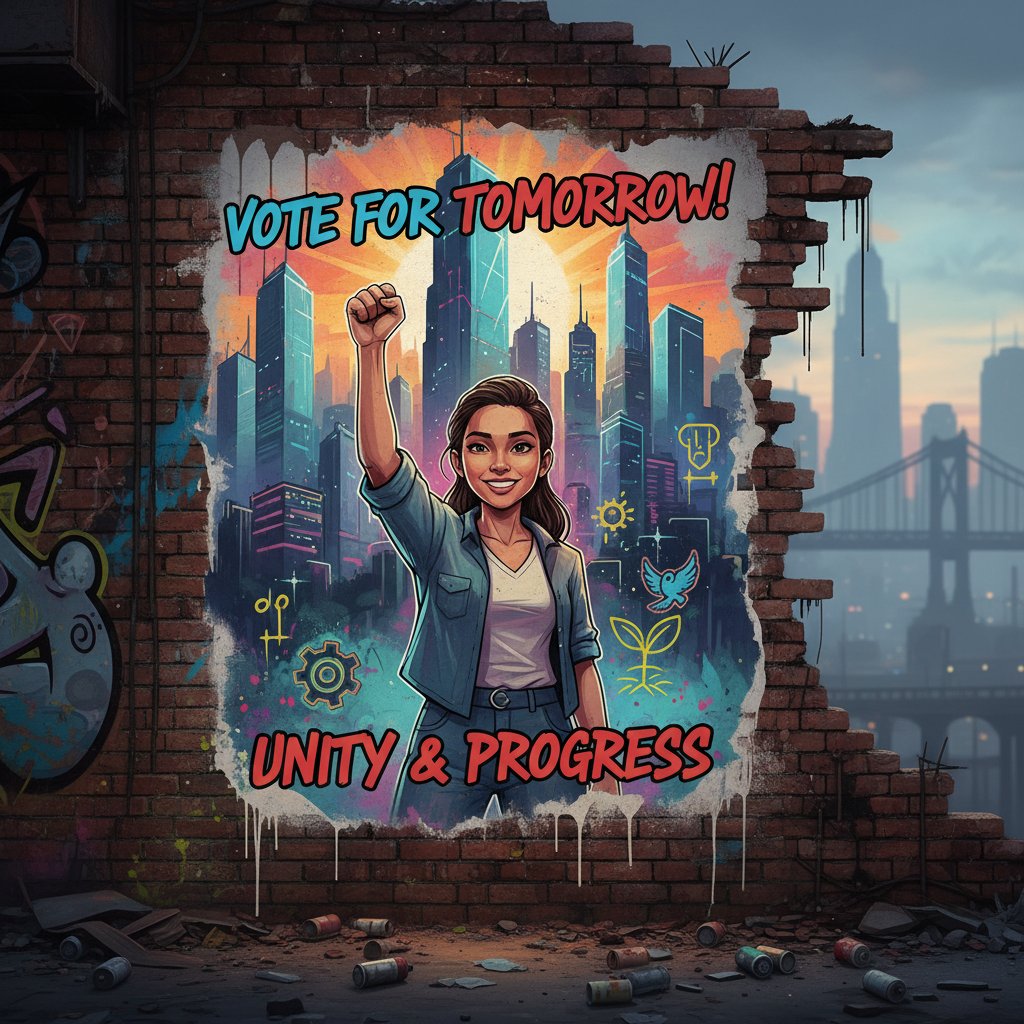 Plakat kampanii inspirowany graffiti na tle miejskiej przestrzeni