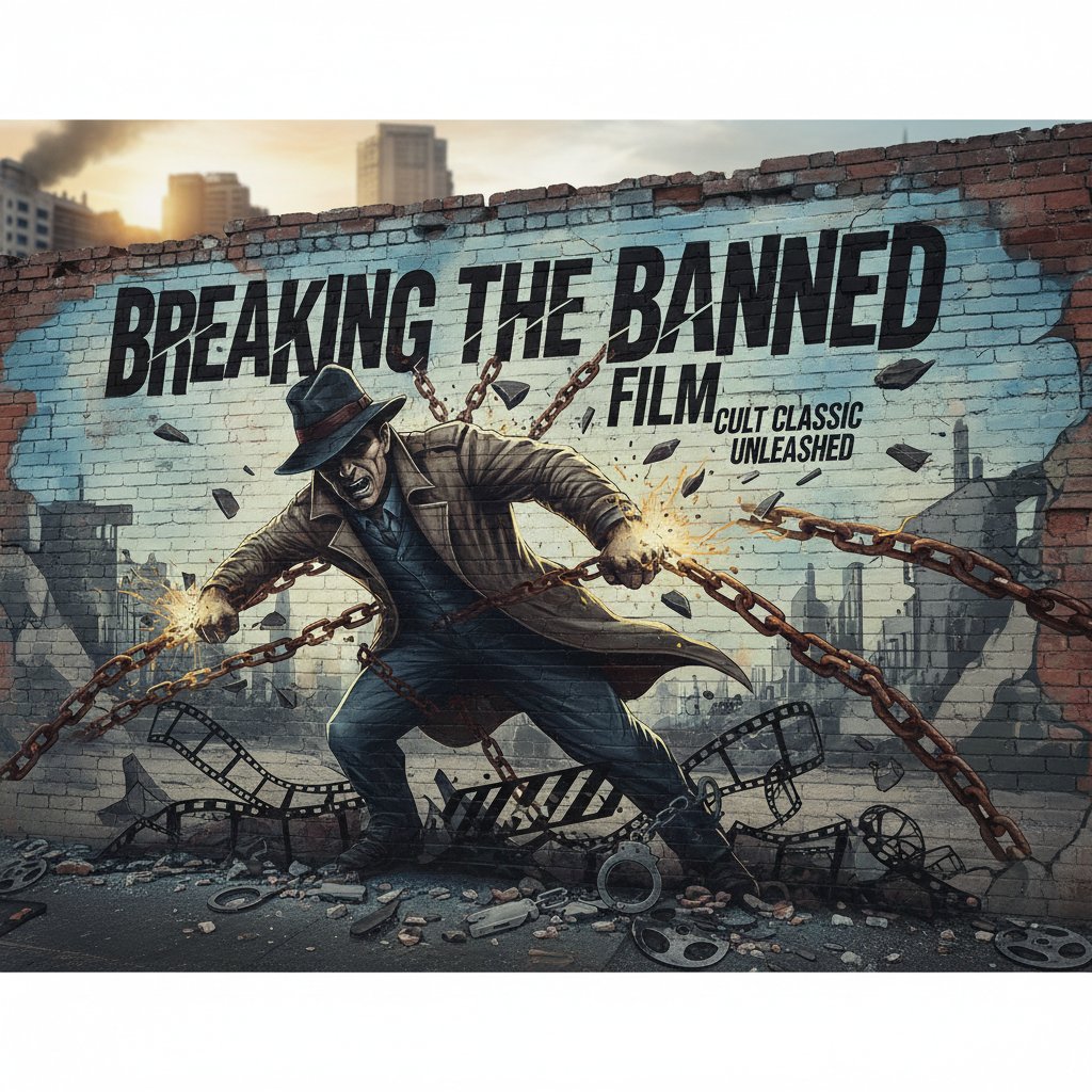 Graffiti mural symbolizing a banned film's cultural impact, chains breaking.