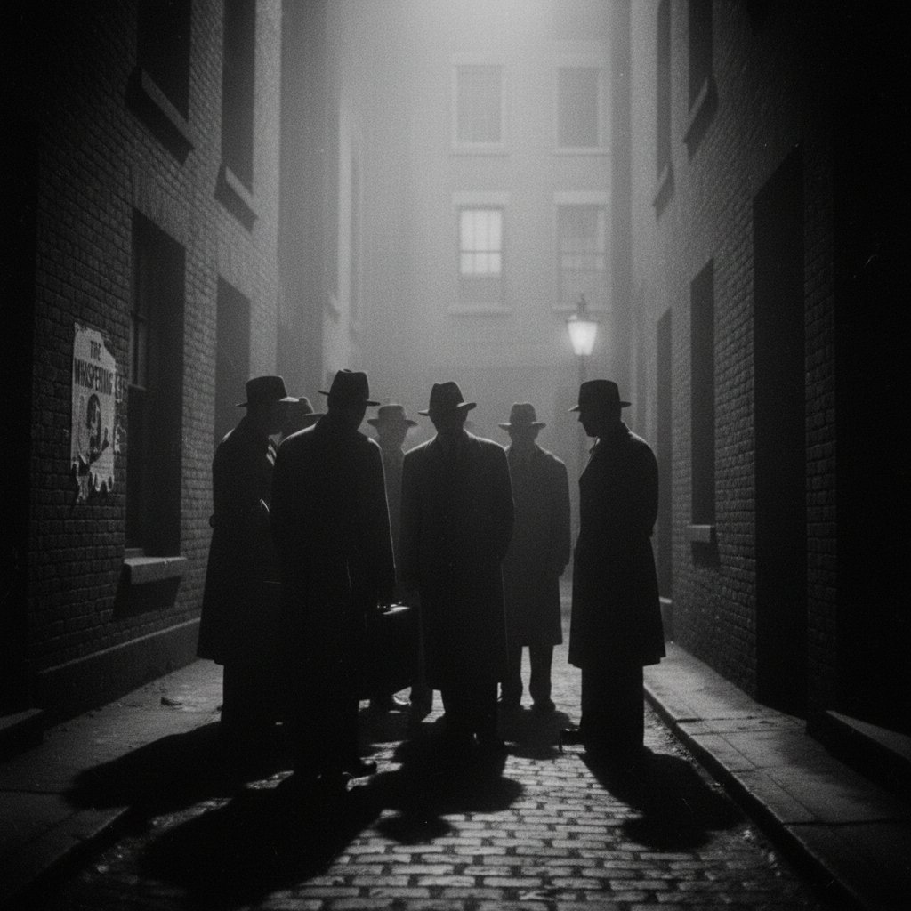 Grainy black-and-white scene with shadowy figures, classic psychological thriller, 1940s style