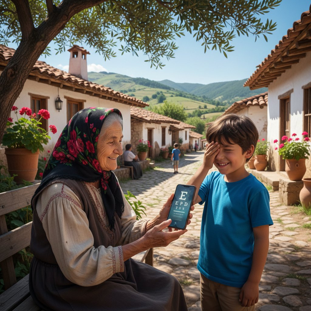 Starsza kobieta z wnuczkiem w wiejskim domu przeprowadza test wzroku na smartfonie