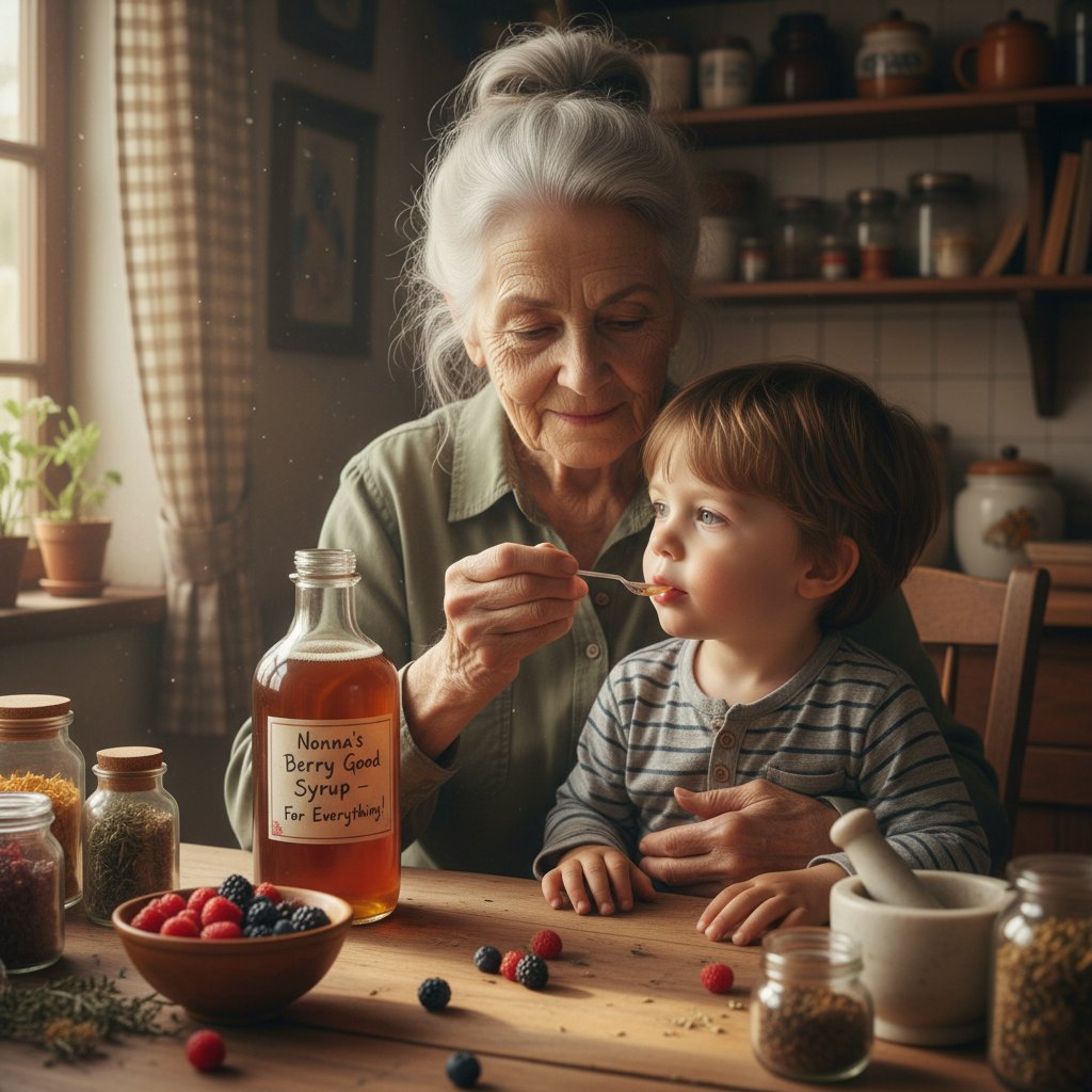Starsza osoba podaje wnuczce domowy syrop, obok leży opakowanie antybiotyków